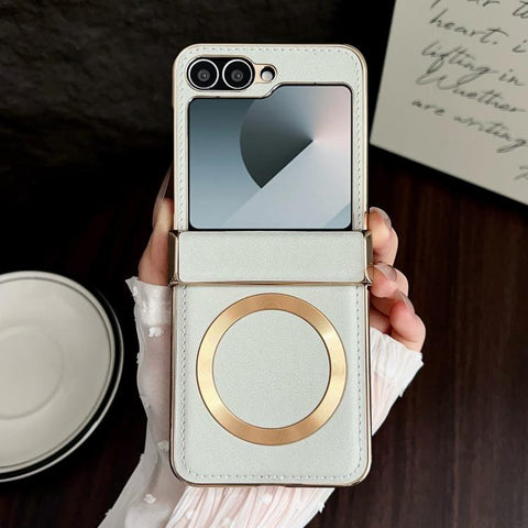 Electroplated Magnetic Cowhide Vegan Leather Back Phone Case, For Samsung Galaxy Z Flip7, For Samsung Galaxy Z Flip6, For Samsung Galaxy Z Flip5, For Samsung Galaxy Z Flip4, For Samsung Galaxy Z Flip3