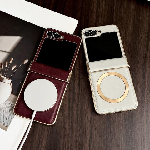 Electroplated Magnetic Cowhide Vegan Leather Back Phone Case, For Samsung Galaxy Z Flip7, For Samsung Galaxy Z Flip6, For Samsung Galaxy Z Flip5, For Samsung Galaxy Z Flip4, For Samsung Galaxy Z Flip3