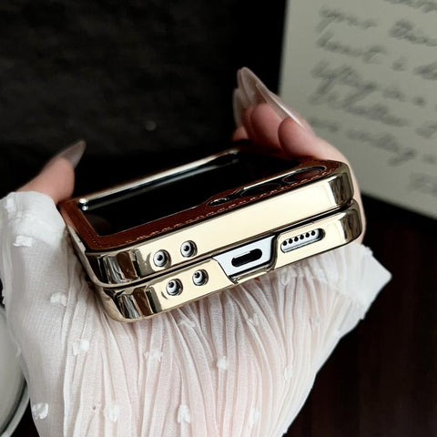 Electroplated Magnetic Cowhide Vegan Leather Back Phone Case, For Samsung Galaxy Z Flip7, For Samsung Galaxy Z Flip6, For Samsung Galaxy Z Flip5, For Samsung Galaxy Z Flip4, For Samsung Galaxy Z Flip3