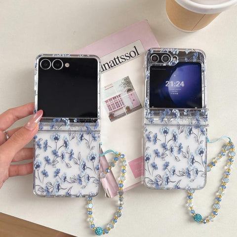 Elegant Ice-Blue Floral Pattern Phone Case, For Samsung Galaxy Z Flip7 5G, For Samsung Galaxy Z Flip6, For Samsung Galaxy Z Flip5