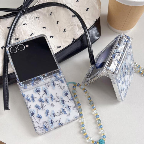 Elegant Ice-Blue Floral Pattern Phone Case, For Samsung Galaxy Z Flip7 5G, For Samsung Galaxy Z Flip6, For Samsung Galaxy Z Flip5