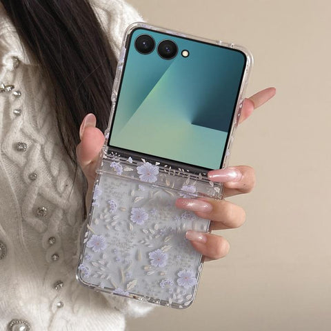 Delicate Purple White Blossoms Pattern Phone Case, For Samsung Galaxy Z Flip7 5G, For Samsung Galaxy Z Flip6, For Samsung Galaxy Z Flip5