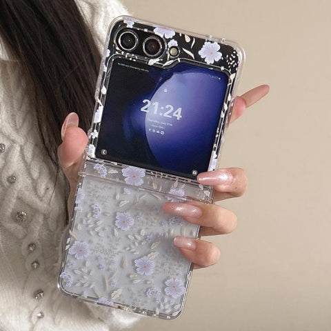 Delicate Purple White Blossoms Pattern Phone Case, For Samsung Galaxy Z Flip7 5G, For Samsung Galaxy Z Flip6, For Samsung Galaxy Z Flip5