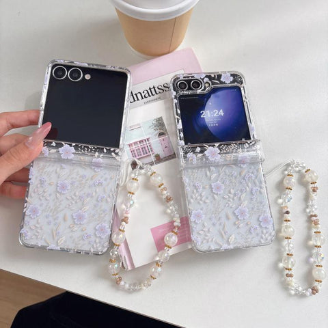 Delicate Purple White Blossoms Pattern Phone Case, For Samsung Galaxy Z Flip7 5G, For Samsung Galaxy Z Flip6, For Samsung Galaxy Z Flip5