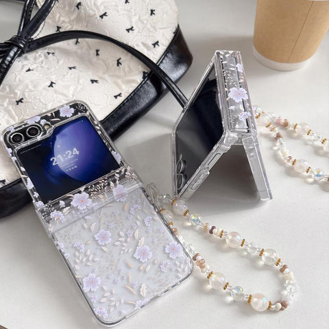 Delicate Purple White Blossoms Pattern Phone Case, For Samsung Galaxy Z Flip7 5G, For Samsung Galaxy Z Flip6, For Samsung Galaxy Z Flip5