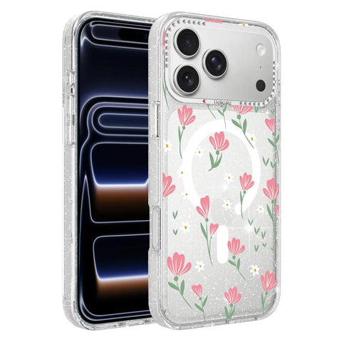 Flower Pattern IMD Glitter Magnetic Phone Case, For iPhone 18 Pro, For iPhone 18 Pro Max, For iPhone 17 Pro Max, For iPhone 17 Pro, For iPhone 17, For iPhone 16 Pro Max, For iPhone 16 Pro, For iPhone 16