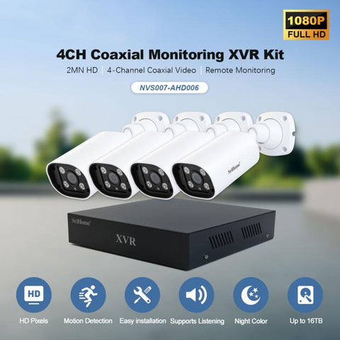 SriHome NVS007-AHD006B 2MP HD 4-CH XVR NVR Camera Network Video Recorder Kit, EU Plug, US Plug, UK Plug, AU Plug