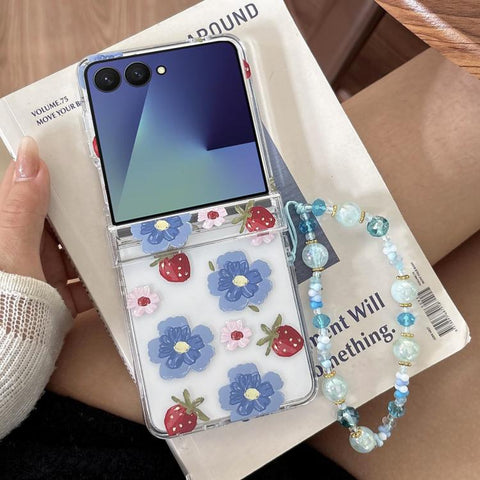 Blue Flower Berry Pattern Shockproof Phone Case with Bracelet, For Samsung Galaxy Z Flip7 5G, For Samsung Galaxy Z Flip6/5