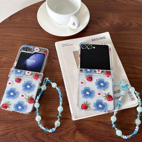 Blue Flower Berry Pattern Shockproof Phone Case with Bracelet, For Samsung Galaxy Z Flip7 5G, For Samsung Galaxy Z Flip6/5