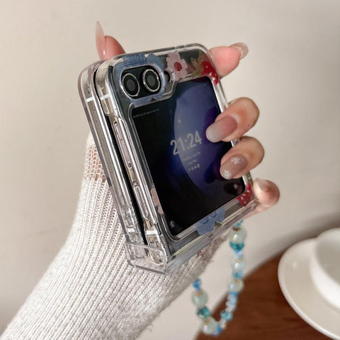 Blue Flower Berry Pattern Shockproof Phone Case with Bracelet, For Samsung Galaxy Z Flip7 5G, For Samsung Galaxy Z Flip6/5