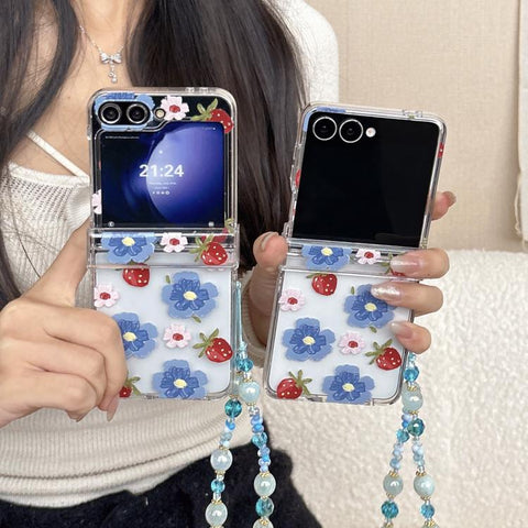Blue Flower Berry Pattern Shockproof Phone Case with Bracelet, For Samsung Galaxy Z Flip7 5G, For Samsung Galaxy Z Flip6/5