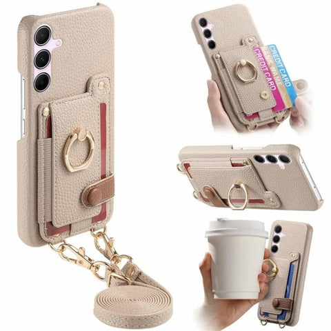 Litchi Texture Card Bag Ring Holder Vegan Leather + PC Phone Case with Shoulder Strap, For Samsung Galaxy S23 5G, For Samsung Galaxy S22 5G