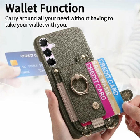 Litchi Texture Card Bag Ring Holder Vegan Leather + PC Phone Case with Shoulder Strap, For Samsung Galaxy S23 5G, For Samsung Galaxy S22 5G
