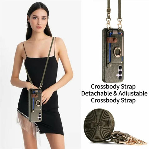 Litchi Texture Card Bag Ring Holder Vegan Leather + PC Phone Case with Shoulder Strap, For Samsung Galaxy S23 5G, For Samsung Galaxy S22 5G
