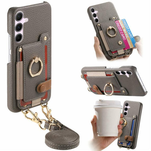Litchi Texture Card Bag Ring Holder Vegan Leather + PC Phone Case with Shoulder Strap, For Samsung Galaxy S26+ 5G, For Samsung Galaxy S26 Ultra 5G, For Samsung Galaxy S25 5G, For Samsung Galaxy S25+ 5G, For Samsung Galaxy S25 Ultra 5G                  ...