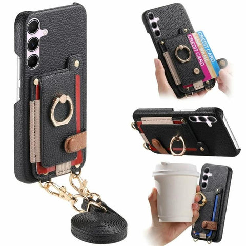 Litchi Texture Card Bag Ring Holder Vegan Leather + PC Phone Case with Shoulder Strap, For Samsung Galaxy S26+ 5G, For Samsung Galaxy S26 Ultra 5G, For Samsung Galaxy S25 5G, For Samsung Galaxy S25+ 5G, For Samsung Galaxy S25 Ultra 5G                  ...
