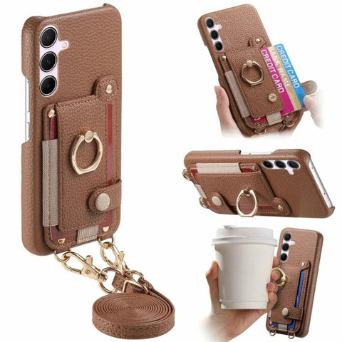 Litchi Texture Card Bag Ring Holder Vegan Leather + PC Phone Case with Shoulder Strap, For Samsung Galaxy S26+ 5G, For Samsung Galaxy S26 Ultra 5G, For Samsung Galaxy S25 5G, For Samsung Galaxy S25+ 5G, For Samsung Galaxy S25 Ultra 5G                  ...
