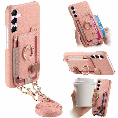 Litchi Texture Card Bag Ring Holder Vegan Leather + PC Phone Case with Shoulder Strap, For Samsung Galaxy S26+ 5G, For Samsung Galaxy S26 Ultra 5G, For Samsung Galaxy S25 5G, For Samsung Galaxy S25+ 5G, For Samsung Galaxy S25 Ultra 5G                  ...