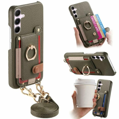 Litchi Texture Card Bag Ring Holder Vegan Leather + PC Phone Case with Shoulder Strap, For Samsung Galaxy S26+ 5G, For Samsung Galaxy S26 Ultra 5G, For Samsung Galaxy S25 5G, For Samsung Galaxy S25+ 5G, For Samsung Galaxy S25 Ultra 5G                  ...