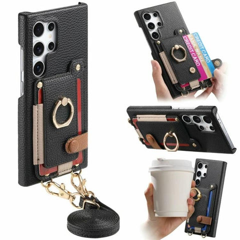 Litchi Texture Card Bag Ring Holder Vegan Leather + PC Phone Case with Shoulder Strap, For Samsung Galaxy S26+ 5G, For Samsung Galaxy S26 Ultra 5G, For Samsung Galaxy S25 5G, For Samsung Galaxy S25+ 5G, For Samsung Galaxy S25 Ultra 5G                  ...