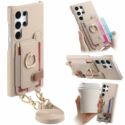 Litchi Texture Card Bag Ring Holder Vegan Leather + PC Phone Case with Shoulder Strap, For Samsung Galaxy S26+ 5G, For Samsung Galaxy S26 Ultra 5G, For Samsung Galaxy S25 5G, For Samsung Galaxy S25+ 5G, For Samsung Galaxy S25 Ultra 5G                  ...