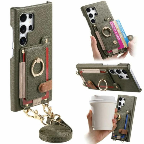 Litchi Texture Card Bag Ring Holder Vegan Leather + PC Phone Case with Shoulder Strap, For Samsung Galaxy S26+ 5G, For Samsung Galaxy S26 Ultra 5G, For Samsung Galaxy S25 5G, For Samsung Galaxy S25+ 5G, For Samsung Galaxy S25 Ultra 5G                  ...