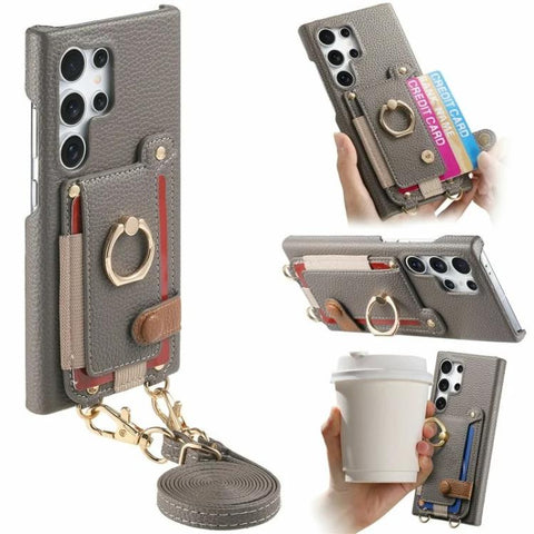 Litchi Texture Card Bag Ring Holder Vegan Leather + PC Phone Case with Shoulder Strap, For Samsung Galaxy S26+ 5G, For Samsung Galaxy S26 Ultra 5G, For Samsung Galaxy S25 5G, For Samsung Galaxy S25+ 5G, For Samsung Galaxy S25 Ultra 5G                  ...