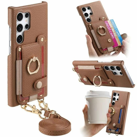 Litchi Texture Card Bag Ring Holder Vegan Leather + PC Phone Case with Shoulder Strap, For Samsung Galaxy S26+ 5G, For Samsung Galaxy S26 Ultra 5G, For Samsung Galaxy S25 5G, For Samsung Galaxy S25+ 5G, For Samsung Galaxy S25 Ultra 5G                  ...