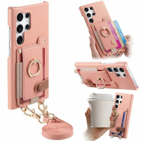 Litchi Texture Card Bag Ring Holder Vegan Leather + PC Phone Case with Shoulder Strap, For Samsung Galaxy S26+ 5G, For Samsung Galaxy S26 Ultra 5G, For Samsung Galaxy S25 5G, For Samsung Galaxy S25+ 5G, For Samsung Galaxy S25 Ultra 5G                  ...