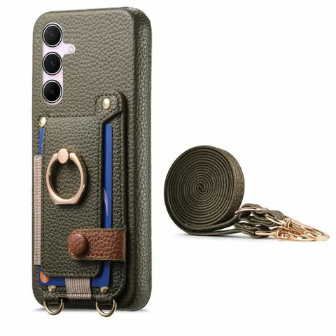 Litchi Texture Card Bag Ring Holder Vegan Leather + PC Phone Case with Shoulder Strap, For Samsung Galaxy S26+ 5G, For Samsung Galaxy S26 Ultra 5G, For Samsung Galaxy S25 5G, For Samsung Galaxy S25+ 5G, For Samsung Galaxy S25 Ultra 5G                  ...