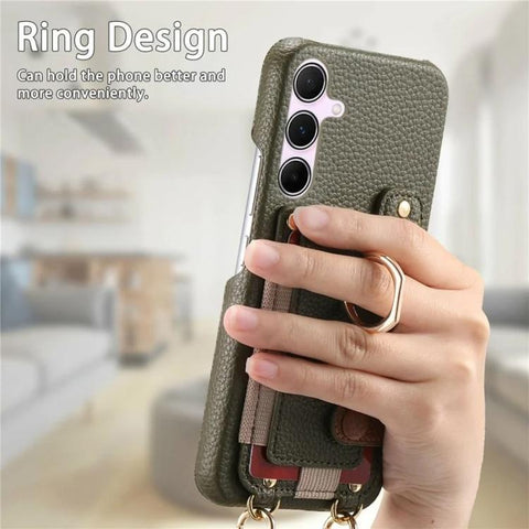 Litchi Texture Card Bag Ring Holder Vegan Leather + PC Phone Case with Shoulder Strap, For Samsung Galaxy S26+ 5G, For Samsung Galaxy S26 Ultra 5G, For Samsung Galaxy S25 5G, For Samsung Galaxy S25+ 5G, For Samsung Galaxy S25 Ultra 5G                  ...