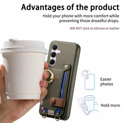 Litchi Texture Card Bag Ring Holder Vegan Leather + PC Phone Case with Shoulder Strap, For Samsung Galaxy S26+ 5G, For Samsung Galaxy S26 Ultra 5G, For Samsung Galaxy S25 5G, For Samsung Galaxy S25+ 5G, For Samsung Galaxy S25 Ultra 5G                  ...