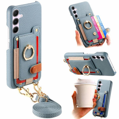 Litchi Texture Card Bag Ring Holder Vegan Leather + PC Phone Case with Shoulder Strap, For Samsung Galaxy S26+ 5G, For Samsung Galaxy S26 Ultra 5G, For Samsung Galaxy S25 5G, For Samsung Galaxy S25+ 5G, For Samsung Galaxy S25 Ultra 5G                  ...
