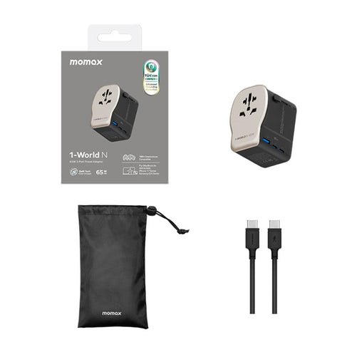 MOMAX UA35 1-World N 65W Three-Port GaN Universal Travel Adapter, AU Plug, EU Plug, UK Plug, US Plug