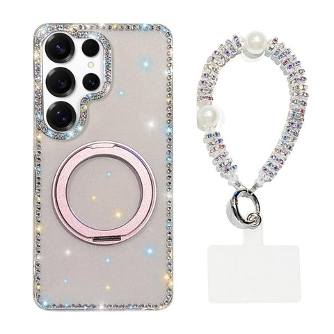 Diamond IMD 360 Rotation Magnetic Metal Holder Phone Case with Strap, For Samsung Galaxy S24 5G, For Samsung Galaxy S23 Ultra 5G