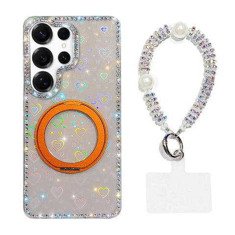 Diamond IMD 360 Rotation Magnetic Metal Holder Phone Case with Strap, For Samsung Galaxy S24 5G, For Samsung Galaxy S23 Ultra 5G
