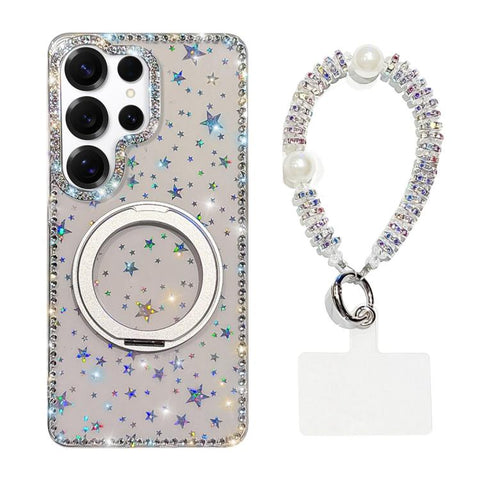 Diamond IMD 360 Rotation Magnetic Metal Holder Phone Case with Strap, For Samsung Galaxy S24 5G, For Samsung Galaxy S23 Ultra 5G