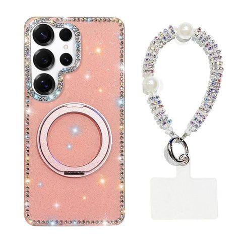 Diamond IMD 360 Rotation Magnetic Metal Holder Phone Case with Strap, For Samsung Galaxy S24 5G, For Samsung Galaxy S23 Ultra 5G