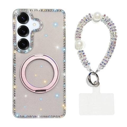 Diamond IMD 360 Rotation Magnetic Metal Holder Phone Case with Strap, For Samsung Galaxy S24 5G, For Samsung Galaxy S23 Ultra 5G