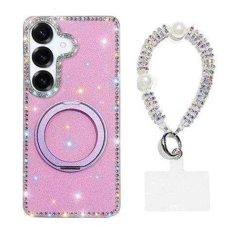 Diamond IMD 360 Rotation Magnetic Metal Holder Phone Case with Strap, For Samsung Galaxy S24 5G, For Samsung Galaxy S23 Ultra 5G
