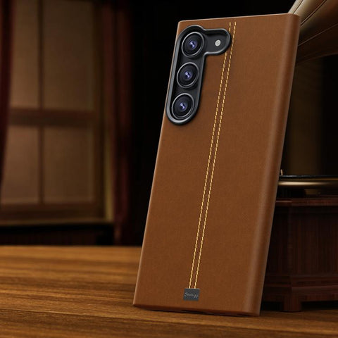 Jazz Series Retro Vegan Leather Textured Metal Frame Magnetic Phone Case, For Samsung Galaxy S23+ 5G, For Samsung Galaxy S23 5G