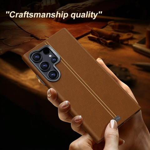 Jazz Series Retro Vegan Leather Textured Metal Frame Magnetic Phone Case, For Samsung Galaxy S23+ 5G, For Samsung Galaxy S23 5G