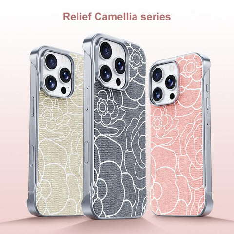 Embossed Camellia Flower Linen Fabric Magnetic Half Coverage Phone Case, For iPhone 18 Pro / 17 Pro, For iPhone 18 Pro Max / 17 Pro Max, For iPhone 17, For iPhone 16 Pro Max, For iPhone 16 Pro, For iPhone 16 Plus, For iPhone 16, For iPhone 15 Pro Max