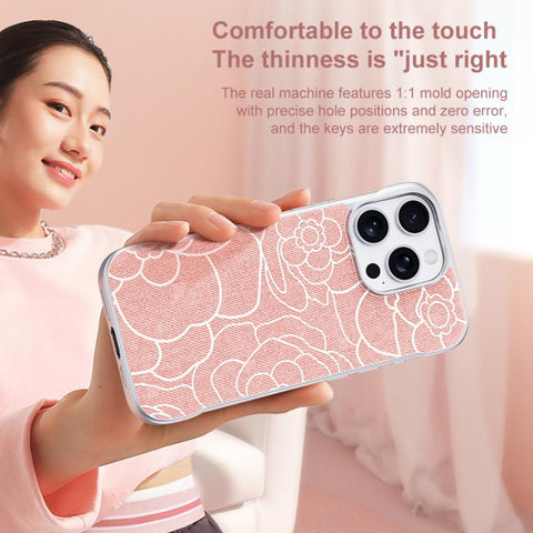 Embossed Camellia Flower Linen Fabric Magnetic Half Coverage Phone Case, For iPhone 18 Pro / 17 Pro, For iPhone 18 Pro Max / 17 Pro Max, For iPhone 17, For iPhone 16 Pro Max, For iPhone 16 Pro, For iPhone 16 Plus, For iPhone 16, For iPhone 15 Pro Max