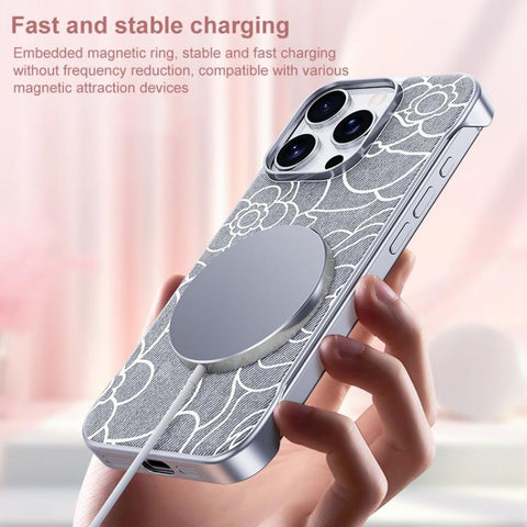 Embossed Camellia Flower Linen Fabric Magnetic Half Coverage Phone Case, For iPhone 18 Pro / 17 Pro, For iPhone 18 Pro Max / 17 Pro Max, For iPhone 17, For iPhone 16 Pro Max, For iPhone 16 Pro, For iPhone 16 Plus, For iPhone 16, For iPhone 15 Pro Max
