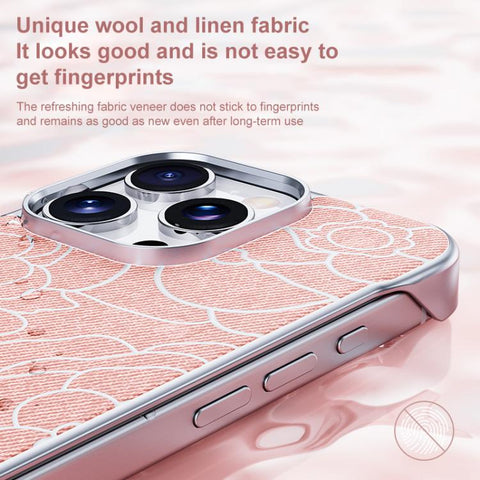 Embossed Camellia Flower Linen Fabric Magnetic Half Coverage Phone Case, For iPhone 18 Pro / 17 Pro, For iPhone 18 Pro Max / 17 Pro Max, For iPhone 17, For iPhone 16 Pro Max, For iPhone 16 Pro, For iPhone 16 Plus, For iPhone 16, For iPhone 15 Pro Max