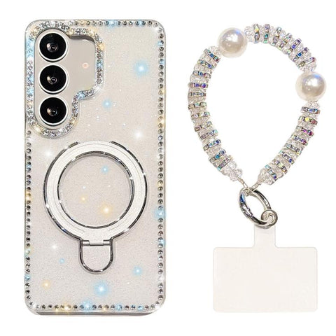 Double-Sided IMD Rhinestone Magnetic Holder Shockproof Phone Case With Bracelet, For Samsung Galaxy S24 5G, For Samsung Galaxy S23 Ultra 5G