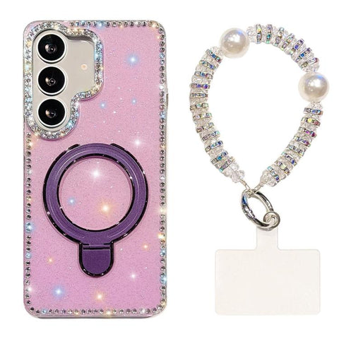 Double-Sided IMD Rhinestone Magnetic Holder Shockproof Phone Case With Bracelet, For Samsung Galaxy S24 5G, For Samsung Galaxy S23 Ultra 5G