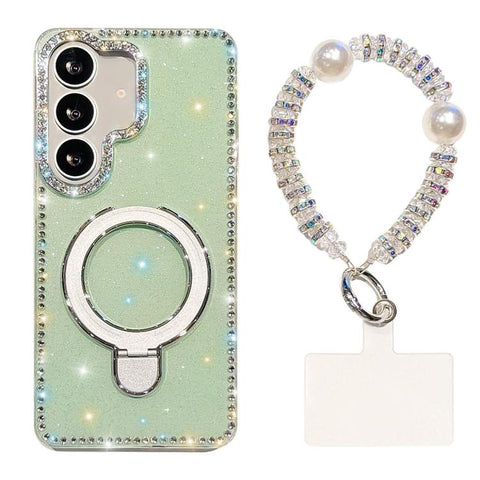 Double-Sided IMD Rhinestone Magnetic Holder Shockproof Phone Case With Bracelet, For Samsung Galaxy S24 5G, For Samsung Galaxy S23 Ultra 5G
