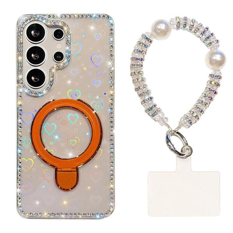Double-Sided IMD Rhinestone Magnetic Holder Shockproof Phone Case With Bracelet, For Samsung Galaxy S24 5G, For Samsung Galaxy S23 Ultra 5G